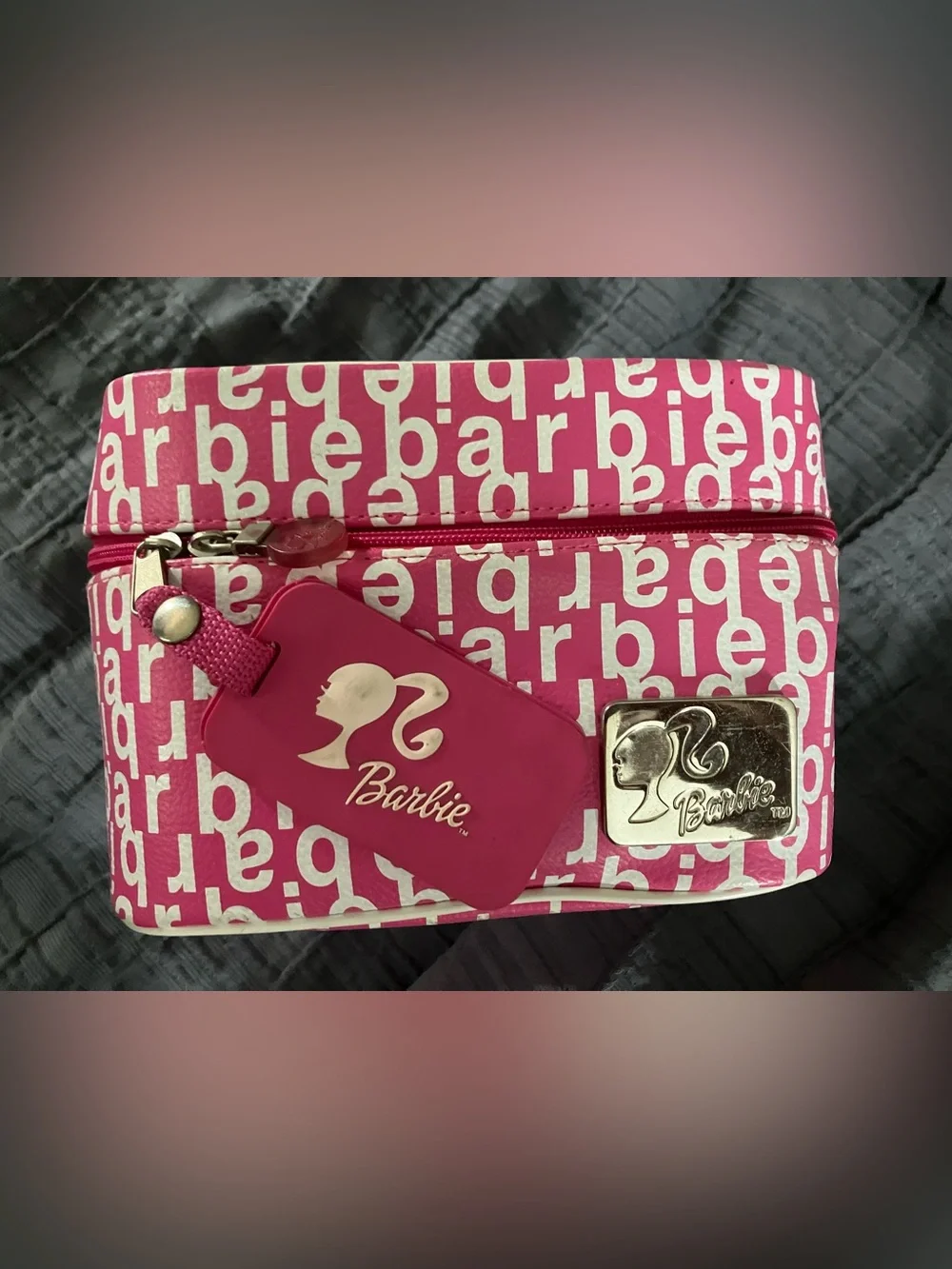 Vintage Barbie make-up bag 9”x7”x6” Pink/White barbie tags zips to close